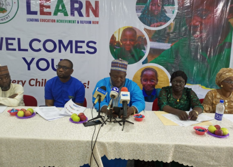 Chairman, Kwara State Universal Basic Education Board, Prof Sheu Adaramaja, addressing newsmen in Ilorin, the state capital. Photo by Abdullahi Olesin, Ilorin.