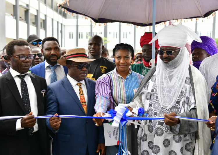 R-L: Emir of Kano, Alhaji Aminu Ado Bayero; wife of Cross River State governor, Dr Linda Ayade; Cross River State governor, Prof Ben Ayade; CEO of COSCHARIS Group, Cosmos Maduka, and others during the commissioning of the Obudu-German Specialists Hospital in Obudu local government area of the state, yesterday.