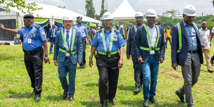Chairman/CEO, Cosgrove Investment Ltd, Mr. Umar Abdullahi (2nd right); Inspector General of Police, Usman Alkali Baba (middle), Chief Infrastructure Officer, Cosgrove,, Mr. Madhur Tripathi (2nd Left) and a member of the Nigeria Police Management Feam shortly after the groundbreaking ceremony for the Redevelopment of DIG Quarters, in Abuja.