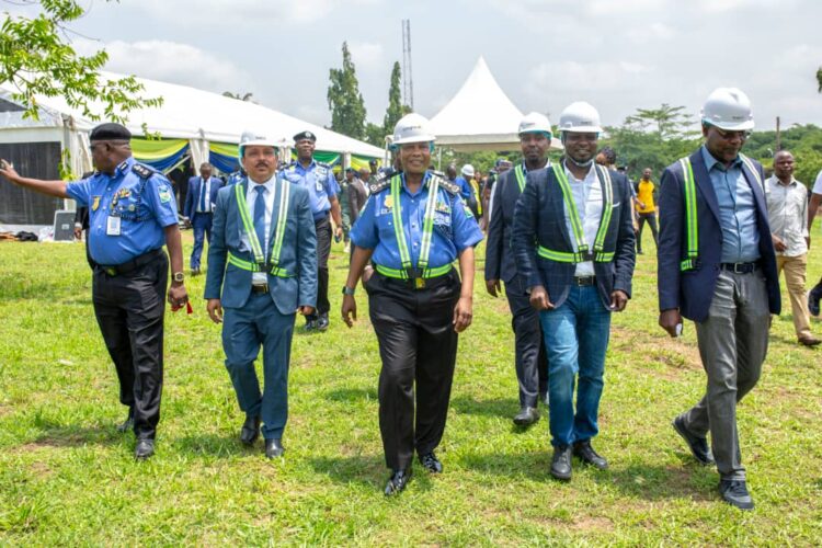 Chairman/CEO, Cosgrove Investment Ltd, Mr. Umar Abdullahi (2nd right); Inspector General of Police, Usman Alkali Baba (middle), Chief Infrastructure Officer, Cosgrove,, Mr. Madhur Tripathi (2nd Left) and a member of the Nigeria Police Management Feam shortly after the groundbreaking ceremony for the Redevelopment of DIG Quarters, in Abuja.