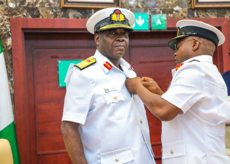 Photo: Former Chief of the Naval Staff, Vice Admiral Awwal Zubairu Gambo CFR, and New Chief of the Naval Staff, Rear Admiral Emmanuel Ikechukwu Ogalla GSS fdc(+) at Naval Headquarters Abuja