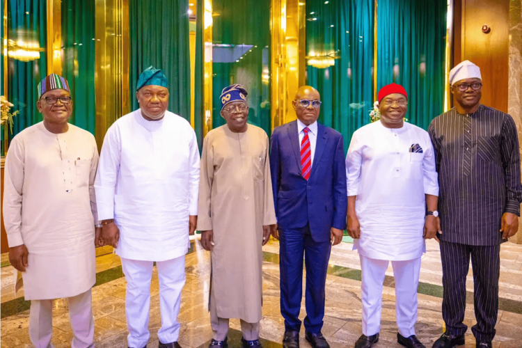 L-R: President Bola Ahmed Tinubu (3rd left), former Governors Samuel Ortom of Benue (left), Ifeanyi Ugwuanyi of Enugu (2nd left), Nyesom Wike of Rivers (3rd right); Okezie Ikpeazu of Abia (2nd right),  and  Oyo State governor, Seyi Makinde, during a meeting of the G-5 group with the president at the presidential villa, Abuja, yesterday.