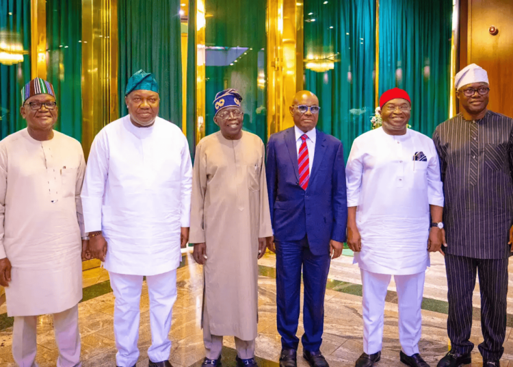 L-R: President Bola Ahmed Tinubu (3rd left), former Governors Samuel Ortom of Benue (left), Ifeanyi Ugwuanyi of Enugu (2nd left), Nyesom Wike of Rivers (3rd right); Okezie Ikpeazu of Abia (2nd right),  and  Oyo State governor, Seyi Makinde, during a meeting of the G-5 group with the president at the presidential villa, Abuja, yesterday.