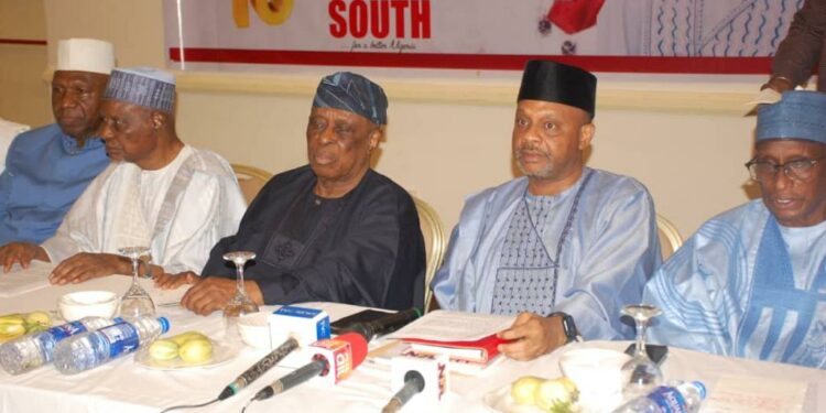 L-R: Ex-Senate President Ameh Ebute; Alhaji Tanko Yakasai; Chief Olusegun Osoba; convener of Non-Serving Senators Group, Senator Basheer Lado, and Senator Abu Ibrahim, during an enlarged meeting of the group in Abuja, on Thursday.