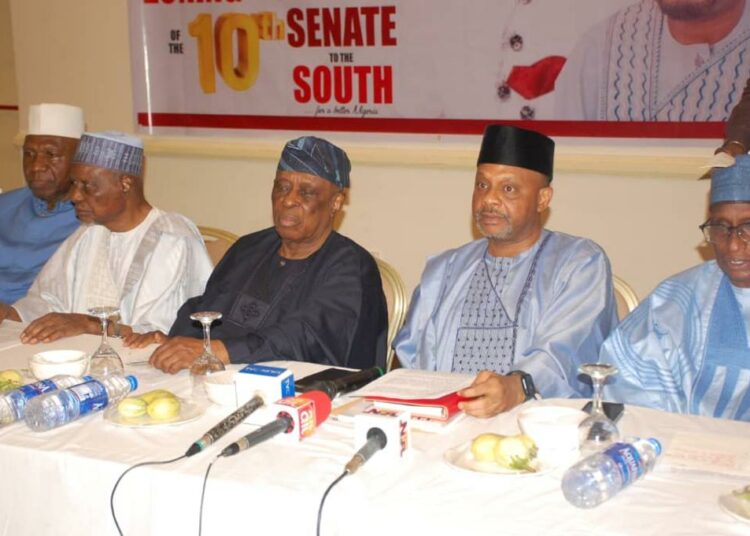 L-R: Ex-Senate President Ameh Ebute; Alhaji Tanko Yakasai; Chief Olusegun Osoba; convener of Non-Serving Senators Group, Senator Basheer Lado, and Senator Abu Ibrahim, during an enlarged meeting of the group in Abuja, on Thursday.