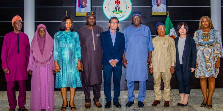 L-R: Director Admin, Kwara State Universal Basic Education Board (SUBEB), Alhaji  Abdulateef Sholagberu; Team Leader, Japan International Cooperation Agency (JICA) Matsuzaki Mizuki; Chairman SUBEB, Prof. Raheem Shehu Adaramaja; Shinizu Ippei; and Sonoda Risa; during an inspection visit to basic school facilities in the state by JICA at Moro LGA. Photo by Abdullahi Olesin, Ilorin.