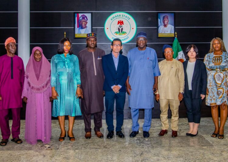 L-R: Director Admin, Kwara State Universal Basic Education Board (SUBEB), Alhaji  Abdulateef Sholagberu; Team Leader, Japan International Cooperation Agency (JICA) Matsuzaki Mizuki; Chairman SUBEB, Prof. Raheem Shehu Adaramaja; Shinizu Ippei; and Sonoda Risa; during an inspection visit to basic school facilities in the state by JICA at Moro LGA. Photo by Abdullahi Olesin, Ilorin.