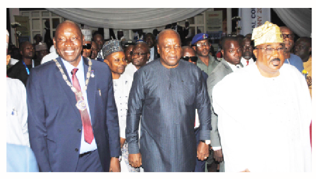 Anti-graft War: Asset Valuation, Declaration To The Rescue 1 L- R: President of Nigerian Institution of Estate Surveyors and Valuers (NSIEV), Johnbull Amayaevbo; former president of Ghana, Dramani Mahama, and deputy governor of Kwara State, Kayode Alabi, during the opening of 53rd annual conference of NSIEV in Ilorin, Kwara State. Photo by Abdullahi Olesin.