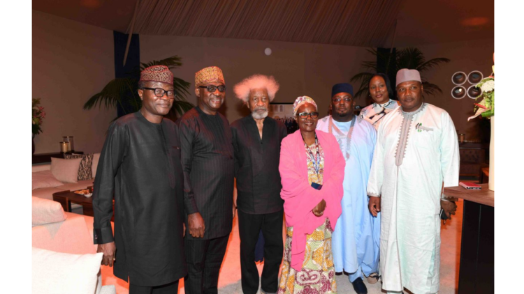 L-R: Mr Kunle Ajibade; former Information Commissioner in Edo State, Louis Odion; Prof. Wole Soyinka; Rakiya Yagboyaju;  acting Nigeria’s Ambassador to Morocco, Mansur Nuhu Bamalli, and Ahmed Shuaibu-Gara Gombe, at the book fair. Photo: Mehimdate Mohammed