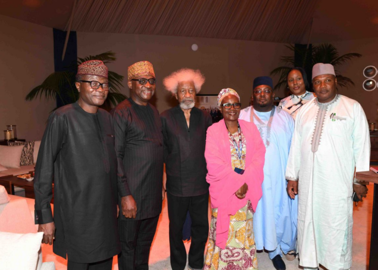 L-R: Mr Kunle Ajibade; former Information Commissioner in Edo State, Louis Odion; Prof. Wole Soyinka; Rakiya Yagboyaju;  acting Nigeria’s Ambassador to Morocco, Mansur Nuhu Bamalli, and Ahmed Shuaibu-Gara Gombe, at the book fair. Photo: Mehimdate Mohammed