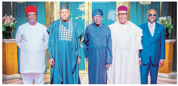 President Bola Tinubu (middle), flanked by Vice  President Kashim Shettima (2nd left); former Ebonyi State governor, Dave Umahi; frontrunner for Senate Presidency in the 10th National Assembly and former Akwa Ibom State governor, Godswill Akpabio, and former Rivers State governor, Nyesom Wike, during a courtesy visit to the Presidential Villa, Abuja, yesterday.