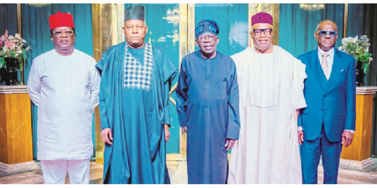 President Bola Tinubu (middle), flanked by Vice  President Kashim Shettima (2nd left); former Ebonyi State governor, Dave Umahi; frontrunner for Senate Presidency in the 10th National Assembly and former Akwa Ibom State governor, Godswill Akpabio, and former Rivers State governor, Nyesom Wike, during a courtesy visit to the Presidential Villa, Abuja, yesterday.