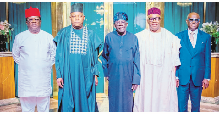 President Bola Tinubu (middle), flanked by Vice  President Kashim Shettima (2nd left); former Ebonyi State governor, Dave Umahi; frontrunner for Senate Presidency in the 10th National Assembly and former Akwa Ibom State governor, Godswill Akpabio, and former Rivers State governor, Nyesom Wike, during a courtesy visit to the Presidential Villa, Abuja, yesterday.