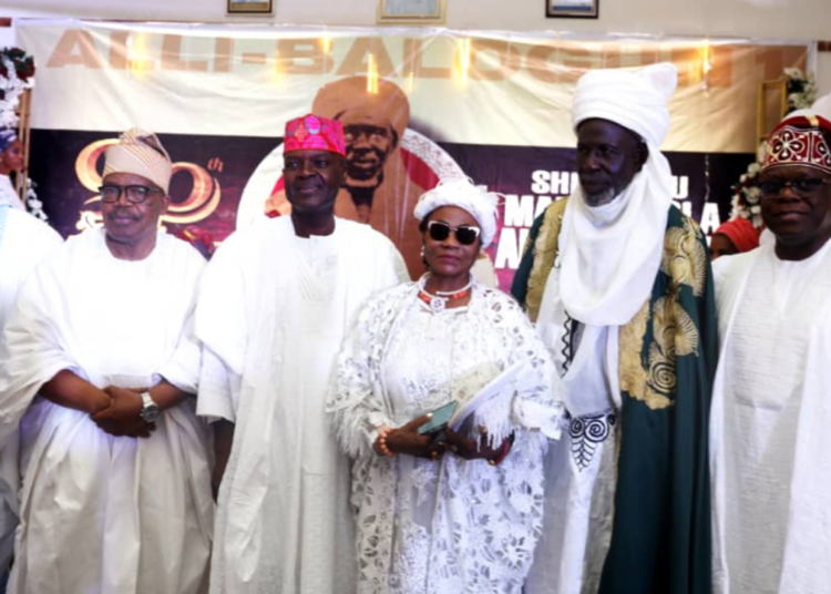 L-R: Guest lecturer, Prof. Siyan Oyefeso; Alhaji Rafiu Adisa Ebiti; Erelu Abiola Dosunmu; representative of Etsu Nupe, Alhaji Jubril Magaji and Alhaji Adeniji Kazeem, at the 90th Special Anniversary Prayers and Launch of Alli-Balogun Memorial Foundation in Lagos, recently