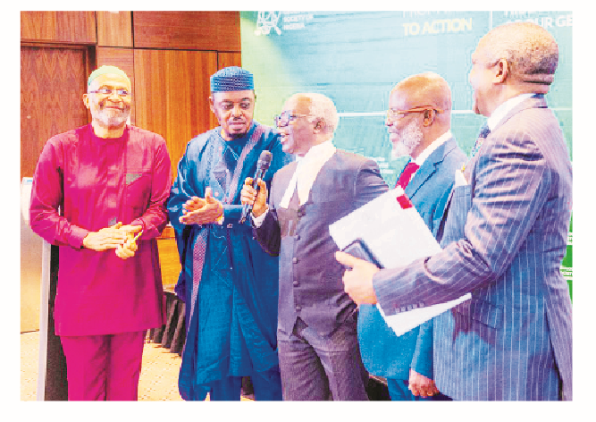Mineral Sector Interventionist Agency Seeks Sustenance Of MinDiver Projects 1 Human rights activist, Femi Falana, SAN, (middle) commending the Geological Society of Nigeria (GSN) for convening the first-ever ‘Roundtable on Geo Data Development for Investment Purpose in the Nigerian Mining Sector,’ while the President of the Society, Mr. U. S. Malami (Right), and Representative of Senate President Godswill Akpabio, Elder Ufot Ebong (2nd Right), Geol. Ashley Emenike (Left) and Prince Theo Iseghohi look on with keen interest, at the Transcorp, in Abuja, yesterday.