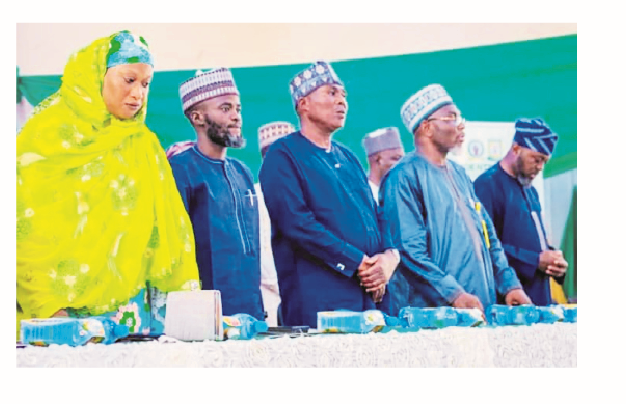 Wife of the honoree, Mrs Shakirat Mustapha Akanbi; representative of the Kwara State governor and his chief press secretary,  Rafiu Ajakaye; representative of the Mutawali Ilorin and chairman of the occasion, Dr Alimi AbdulRazaq; Dr Funsho AbdulRazaq; acting vice chancellor, KWASU, Malete, Prof Shaykh- Luqman Jimoh and guest speaker, Prof Jeleel Sijuade, during the varsity’s 6th Students Leadership Summit and Empowerment, organised in honour of the late VC, Prof Muhammad Akanbi, on Wednesday, in Malete.