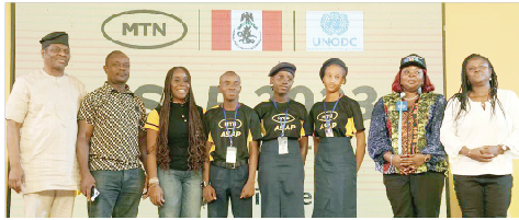 Fighting Substance Abuse Through MTN’s ASAP 1 L-R: Secretary, National Drug Law Enforcement Agency (NDLEA), Shadrach Usman Haruna; Teacher, PTA/NADP International College, Lafia, Nasarawa State, Jonah Basil-Eneh; Executive Secretary, MTN Foundation, Odunayo Sanya; Students, PTA/NADP International College, Lafia, Nasarawa State, Abdul Isa Salihu, Peace Monday and Augusta Opane Okyuwa; National Programme Officer, United Nations Office on Drugs and Crime (UNODC), Folusho Ajayi Adelekan and Associate Professor, Theatre Arts, University of Abuja at the ASAP quiz competition grand finale where PTA/NADP International College, Lafia emerged winners in Abuja , recently