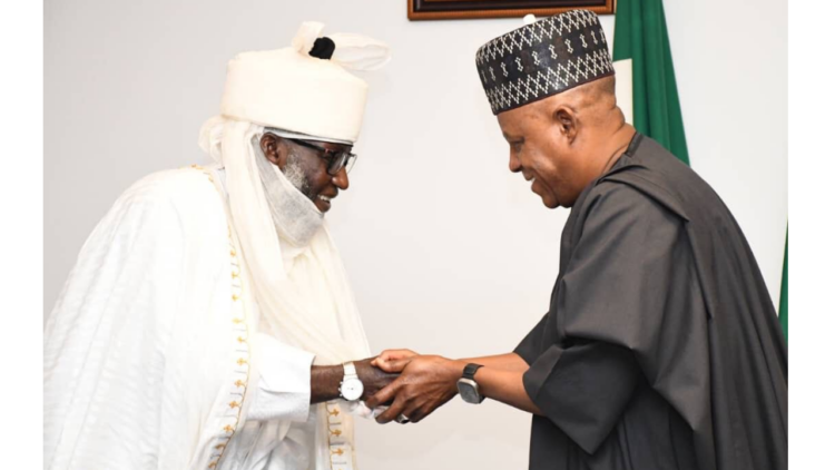 Vice President Kashim Shettima with the Emir of Hadejia, Jigawa Staate Council, Dr. Adamu Maje during a visit to the Presidential Villa in Abuja on Wednesday.