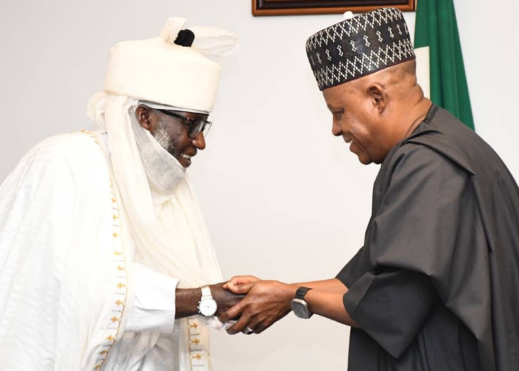 Vice President Kashim Shettima with the Emir of Hadejia, Jigawa Staate Council, Dr. Adamu Maje during a visit to the Presidential Villa in Abuja on Wednesday.