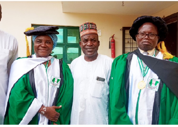ANPA Board of Trustees Member, and Dean, Faculty of Social Sciences National Open University Nigeria, Professor Kamal Bello (middle), flanked by ANPA awardees and new fellows, (left) Director Ministry of Works and Housing, FCT, Hajiya Aisha Ndayako, and (right) Commissioner, Revenue Mobilization Allocation & Fiscal Commission, FCT, Ambassador Ayuba Jacob Ngbako.