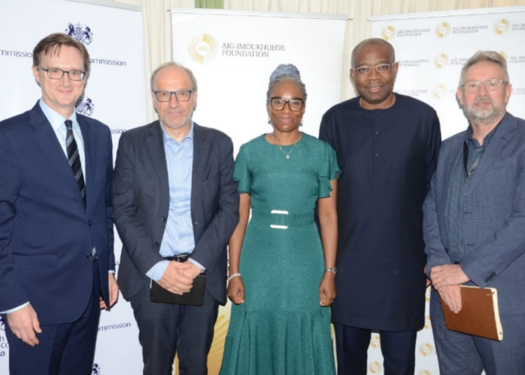 L-R Richard Montogmery. British high commissioner; Professor Stefan Decorn, BSG, University of Oxford; Ofovwe Aig-Imoukhuede, executive vice-chair, Aig-Imoukhuede Foundation; Aigboje Aig-Imoukhuede, chairman, Aig-Imoukhuede Foundation; Chris Pycroft- development director foreign office Nigeria at the lecture held on Friday at the British High Commission residence