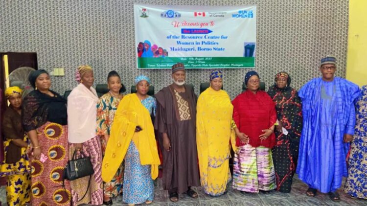 The director-general of the National Center for Women Development (NCWD), Dr Asabe Vilita-Bashir (4th from right), flanked by dignitaries during the launching of a centre established by the NCWD in collaboration with UN Women.