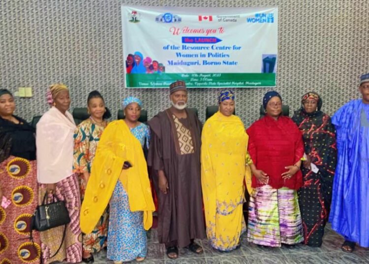 The director-general of the National Center for Women Development (NCWD), Dr Asabe Vilita-Bashir (4th from right), flanked by dignitaries during the launching of a centre established by the NCWD in collaboration with UN Women.