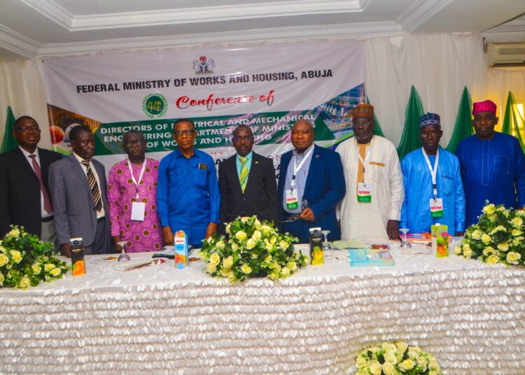 (Centre) Permanent Secretary, Federal Ministry of Works and Housing, Mahmuda Mamman; (4th Left) Director / HOD, Engineering Services Department, Engr. Felix Ebuzoeme at the Opening of the 44th Conference of Directors of Electrical and Mechanical Engineering Departments of Ministries or Works and Housing. Tuesday 29th August, 2023