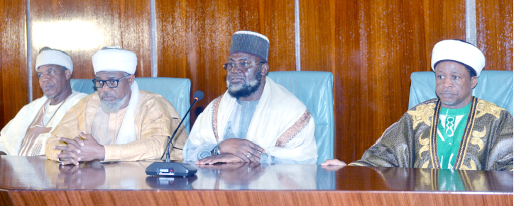 L-R: Sheihk Nasiru Abdulmumini;  Sheikh Ahmad Abdulrahman;  Sheikh Bala Lau and Sheikh Qaribulahi Nasir Ksbara during the visit to the President on Niger crisis at the Presidential Villa Abuja, yesterday. PHOTO BY REMI AKUNLEYAN
