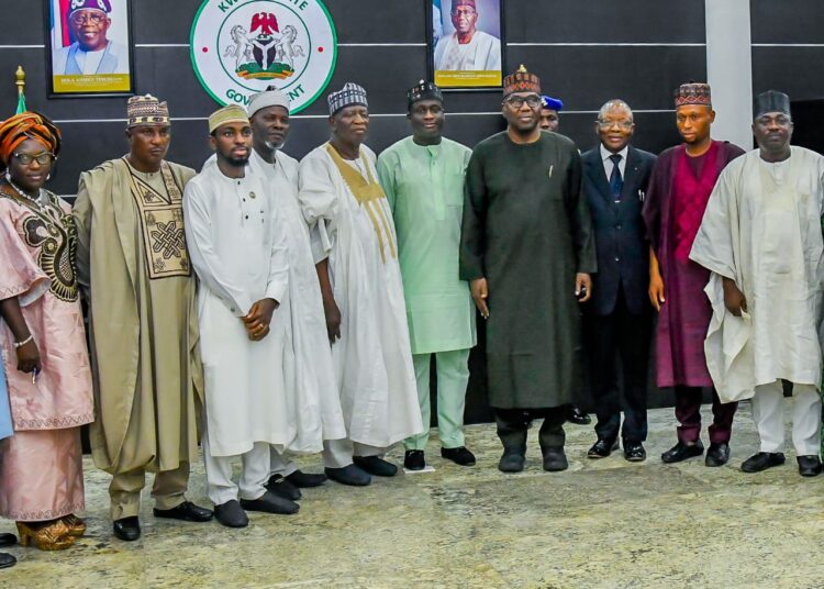 Kwara State governor, AbdulRahman AbdulRazaq (4th from right), in a group photograph with the newly inaugurated members of the State Executive Council in Ilorin, the state capital, on Monday. Photo by Abdullahi Olesin