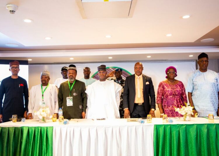 L-R: Executive Vice Chairman/Editor-in-Chief, LEADERSHIP Newspapers, Azubuike Ishiekwene; Kogi Central Senator, Sadiku Ohere; President, Nigeria Union Journalists (NUJ), Chris Isiguzo; Governor Yahaya Bello of Kogi State;  immediate-past President, Nigerian Guild of Editors (NGE), Mustapha Isah; Secretary to the Kogi State Government, Dr (Mrs) Folashade Ayoade, and State Security Adviser, Navy Commander Jerry Omodara (retd), at the 3rd Annual GYB Seminar for Political and Crime Correspondents/Editors, in Abuja, on Friday.