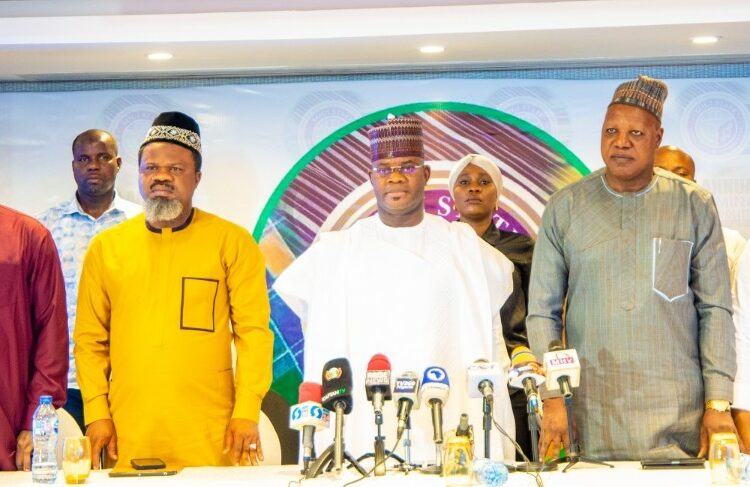 L-R: Former presidential spokesperson, Reuben Abati; President, Nigeria Union Journalists (NUU), Chris Isiguzo; Governor Yahaya Bello of Kogi State; immediate-past President, Nigerian Guild of Editors (NGE), Mustapha Isah, and Senator Sadiku Ohere, representing Kogi Central Senatorial District, at the 3rd Annual GYB Seminar for Political and Crime Correspondents/Editors, in Abuja, on Saturday.