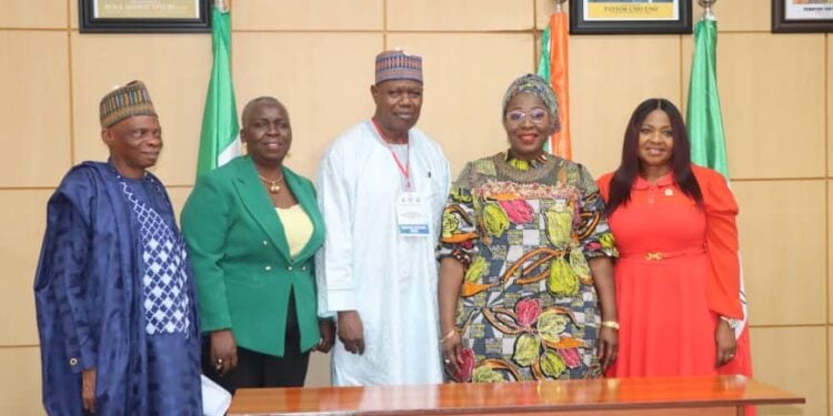 The Commissioner of Education, Akwa lbom State Mrs. Idongesit Etiebet (1st right), the Deputy Governor Akwa lbom State, Her Excellency Senator Dr. Akon Eyakenyi (2nd right), the Executive Secretary NSSEC Dr. Iyela Ajayi, the Chairman SSEB Akwa lbom State.Hon. Dr. Obong Ekate, the Director Quality Assurance, Alh Ibrahim AbdulKareem, during a Courtesy visit to the Deputy Governor recently in Uyo.