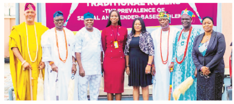 Executive secretary, Domestic and Sexual Violence Agency (DSVA) in Lagos State,  Titilola Vivour-Adeniyi with some traditional rulers at a one-day roundtable on prevalence of sexual and gender based violence in the state