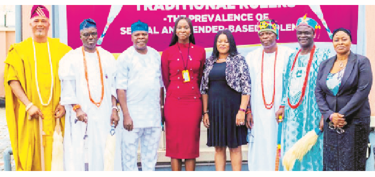 Executive secretary, Domestic and Sexual Violence Agency (DSVA) in Lagos State,  Titilola Vivour-Adeniyi with some traditional rulers at a one-day roundtable on prevalence of sexual and gender based violence in the state