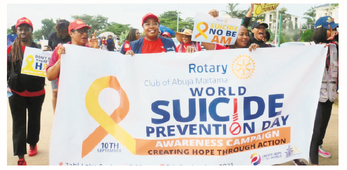 Create More Jobs To Curb Suicides – Rotary Club 1 President of the Rotary Club of Abuja Maitama, Ijeoma Joyce Agwu (second left) and other members of the club during a campaign to mark the 2023 World Suicide Prevention Day in Abuja, yesterday. PHOTO: RC ABUJA MAITAMA.