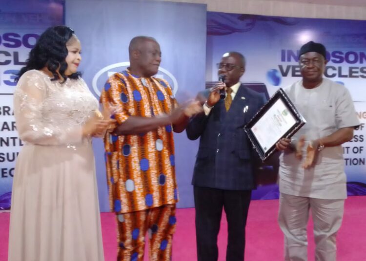 L-R: Chairman of Innoson Vehicles Manufacturing Company Limited, Chief Innoson Chukwuma (2nd left) and wife Mrs Ebele Chukwuma (1st left); Mr Engr Fred Akingbesote, representative of the Director General of Standard Organisation of Nigeria (SON), Dr. Ifeanyi Chukwunonso Okeke and a guest during the celebration of the company's 13th anniversary, which coincided with recognitions from the Standards Organisation of Nigeria (SON) on Tuesday at Nnewi, Anambra State.