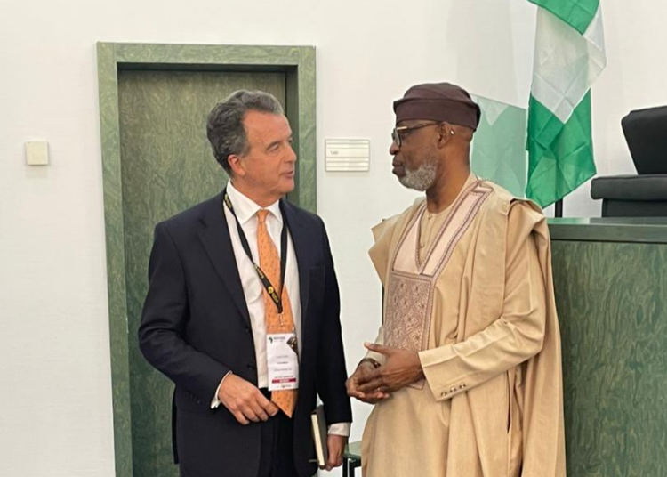 Minister of solid minerals development,  Dele Alake, with executive chairman of Orosur Mining, Louis Castro, during a recent visit to the minister's office in Abuja.