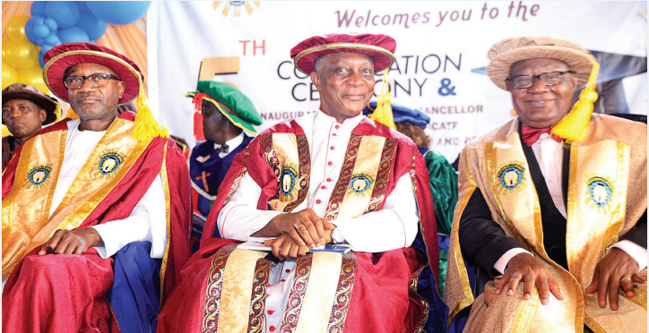 Otedola Splashes N750m On Augustine University Students 1 L-R; Newly installed chancellor of Augustine University, Femi Otedola; Catholic Archbishop of Lagos/vsitor to the university and proprietor, Most Rev Dr Alfred Adewale Martins, and chairman, board of trustees, Sir Steve Omojafor, at the 5th convocation ceremony and investiture of Otedola as chancellor of the university, at Epe, Lagos, Thursday.