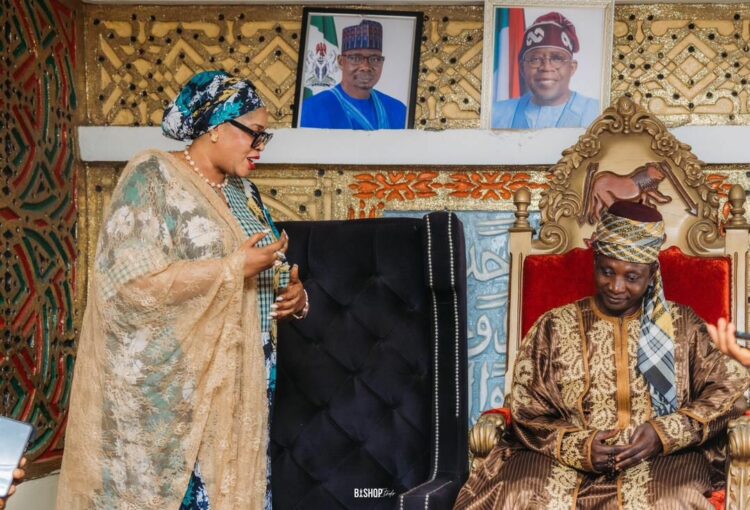 The Emir of Loko, MaiLoko, Alhaji Sabo (right) and the Senior Special Assistant to the President on School Feeding, Dr. Yetunde Adeniji (left) when the later paid a courtesy visit to the Emir.
