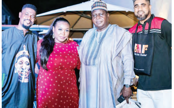 Festival producer, Olarotimi Fakunle (left); festival director, Bikiya Graham-Douglas; CEO, National Council for Arts and Culture (NCAC), Otunba Olusegun Runsewe; Thin Tall Tony at a previous BAF outing.