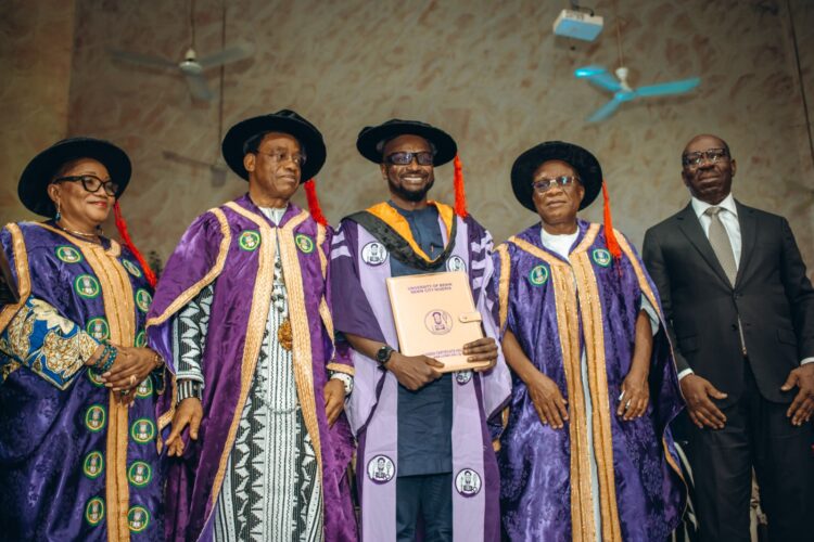 Engr. Kayode Adegbulugbe (Middle) flanked by the Vice Chancellor, University of Benin (L) Prof. Lilian Salami, Chancellor, UniBen, Prof. James Ayatse, Minister of Niger Delta Development Engr. Abubakar Momoh (R) and Edo Sate Governor, Godwin Obaseki at the 48th Convocation of the University of Benin.