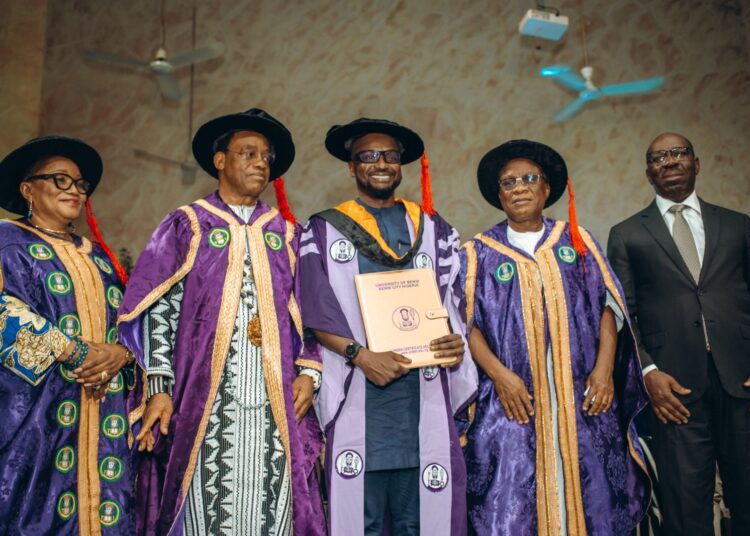 Engr. Kayode Adegbulugbe (Middle) flanked by the Vice Chancellor, University of Benin (L) Prof. Lilian Salami, Chancellor, UniBen, Prof. James Ayatse, Minister of Niger Delta Development Engr. Abubakar Momoh (R) and Edo Sate Governor, Godwin Obaseki at the 48th Convocation of the University of Benin.