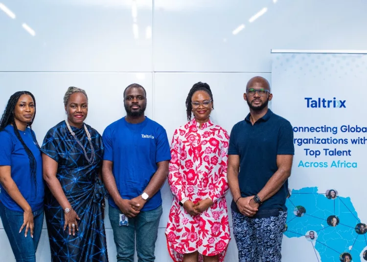 L-R: Opeoluwa Fajana; Business Development Lead, Taltrix, Mrs Solape Hammond; Cofounder, Impact Hub Lagos, Joel Ogunsola, Cofounder, Taltrix, Olatomiwa Williams; General Manager, Microsoft Nigeria & Ghana, and Soji Maurice Diya; Chief Operating Officer, American Tower Corporation during the official launch of Taltrix at Microsoft Office in Nigeria in Lagos on Thursday. Photo: Taltrix