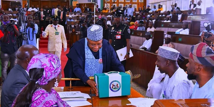 Kaduna State Governor Uba Sani presenting 2024 Budget N457.271billion to the State House of Assembly in Kaduna, yesterday.PHOTO BY GBENGA ABIOLA