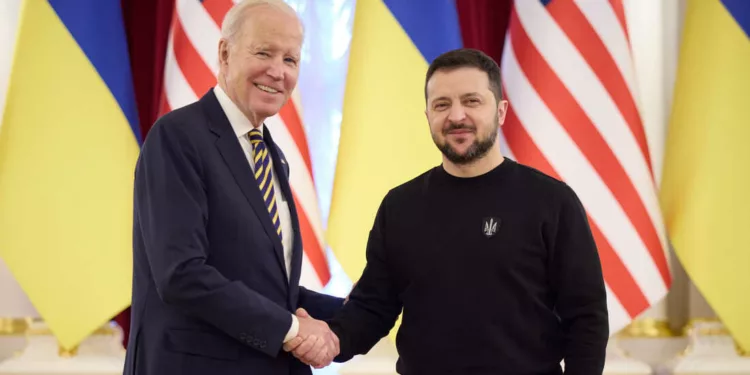 KYIV, UKRAINE - FEBRUARY 20: In this handout photo issued by the Ukrainian Presidential Press Office, U.S. President Joe Biden meets with Ukrainian President Volodymyr Zelensky at the Ukrainian presidential palace on February 20, 2023 in Kyiv, Ukraine. The US President made his first visit to Kyiv since Russia's large-scale invasion last February 24. (Photo by Ukrainian Presidential Press Office via Getty Images)