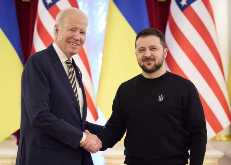 KYIV, UKRAINE - FEBRUARY 20: In this handout photo issued by the Ukrainian Presidential Press Office, U.S. President Joe Biden meets with Ukrainian President Volodymyr Zelensky at the Ukrainian presidential palace on February 20, 2023 in Kyiv, Ukraine. The US President made his first visit to Kyiv since Russia's large-scale invasion last February 24. (Photo by Ukrainian Presidential Press Office via Getty Images)