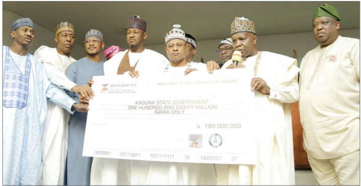 Regional Integration... Governors To Revive ‘One North, One Destiny’ Vision 1 Chairman of Northern Governors’ Forum and Gombe State Governor Muhammadu Inuwa Yahaya (2nd right), flanked by his Sokoto State counterpart, Ahmed Aliyu (left), Babagana Umara Zulum (Borno), Lawal Dare (Zamfara), Uba Sani (Kaduna), Hyacinth Alia (Benue) and Caleb Mufwang (Plateau) when they presented the sum of N180m to the victims of the bombing incident at Tudun Biri community of Kaduna State, yesterday