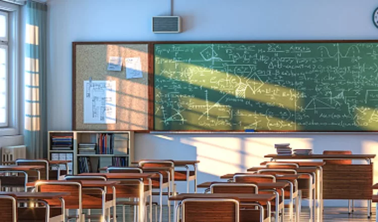 interior of a school classroom with wooden desks and chairs. nobody around. 3d render