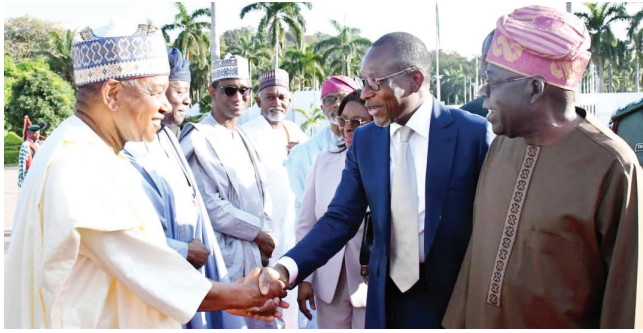 Lack Of Synergy Hindering Mutual Development, Tinubu Tells Visiting Benin President 1 R-L: President Bola Ahmed Tinubu; President Patrice Tallon of Benin; chief of staff to the president, Femi Gbajabiamila; minister of foreign affairs, Yusuf Tuggar; the NSA, Nuhu Ribadu; minister of finance and coordinating minister of the economy, Wale Edun, and minister of budget and national planning, Atiku Abubakar, during Tallon's visit to Presidential Villa, Abuja, yesterday PHOTO BY REMI AKUNLEYAN